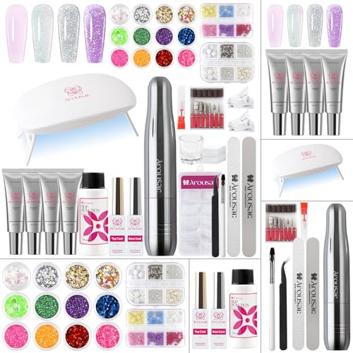 Arousar Poly Nagelgel Set, 15 ml*4 Stück Weiss Nagelverlängerungsgel mit Deck und Unterlack Gleitlösung, UV LED Nagellampe&Bohrer, Gelnägel Starterse Salon zu Hause für Nägel Selber Machen, 36