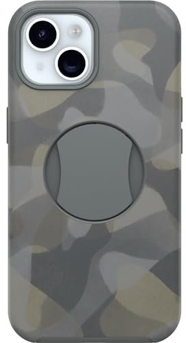 OtterBox OtterGrip Symmetry Series Schutzhülle für iPhone 15, iPhone 14 und iPhone 13 – Iron Camo (grau), integrierter Griff, schlanke Hülle, rastet an MagSafe EIN, erhöhte Kanten schützen Kamera und