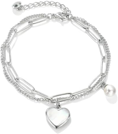 Emibele Charme Herzförmig Armband für Frauen Mädchen, Titanium Love Armband mit Karabinerverschluss, Doppelte Feine Kette & Büroklammer Armband Schmuck