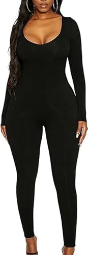 Damen Sport Jumpsuit Langarm Yoga Fitness Bodysuit Sexy Lässig Sportanzug Bodycon Lang Overall Romper eng U Hals Stretch ElegantEinteiler Ganzkörperanzug für Workout Outfit Clubwear Streetwear