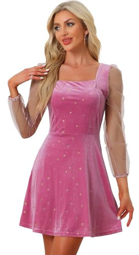 Allegra K Mini-Robe Courte en Velours à Manches Longues et à Encolure carrée en Maille Transparente pour Femmes Rose Clair L