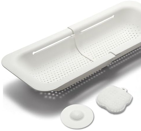 Setaccio da cucina - colino da lavello allungabile - incluso setaccio per lo scarico e spugna in silicone - privo di BPA - colino cucina, colino per pasta, filtro per lavandino - Bianco