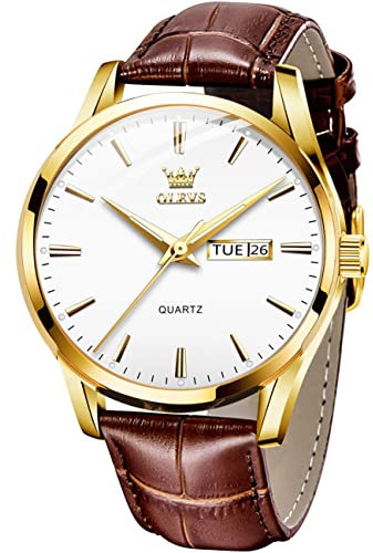 OLEVS Hommes Montre en Cuir Brun BoîTier en Or Analogique Quartz Mode Casual Business Dress Montre Bracelet Date Night Light ImperméAble Cadran Blanc