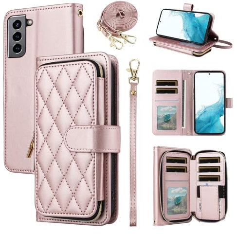 ELISORLI Étui portefeuille pour Samsung Galaxy S21 FE 5G avec dragonne, bandoulière, 9 emplacements pour cartes et fermeture éclair, support en cuir, coque de téléphone portable pour S 21 EF S21FE5G