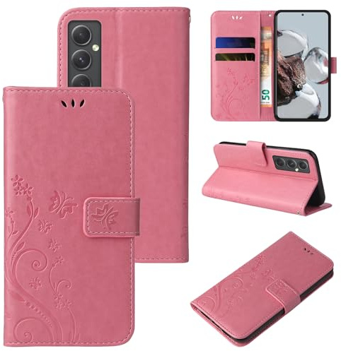 LBH Handy Hülle für Samsung Galaxy A55 5G Case Handytasche Schmetterling Blumen Flower Standfunktion Schutzhülle Magnet Rundum Schutz 360 Grad Flipcase Cover Rosegold