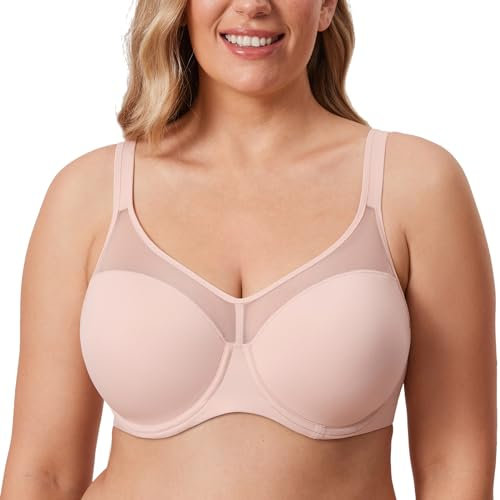 Delimira Women's Full Coverage Lightly Padded Bra Underwire Mesh Support Comfort T Shirt Bra Gentle Rose 40DD