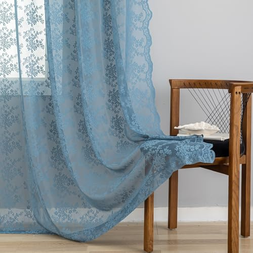 YJ Yanjun Dusty Blue Vorhänge, 183,9 cm lang, 2 Paneele, antikes Landhausstil, Spitze, Schiefer, Blauer Vorhang für Spielzimmer, Wohnzimmer, Badezimmer, Stangentasche, halbtransparente