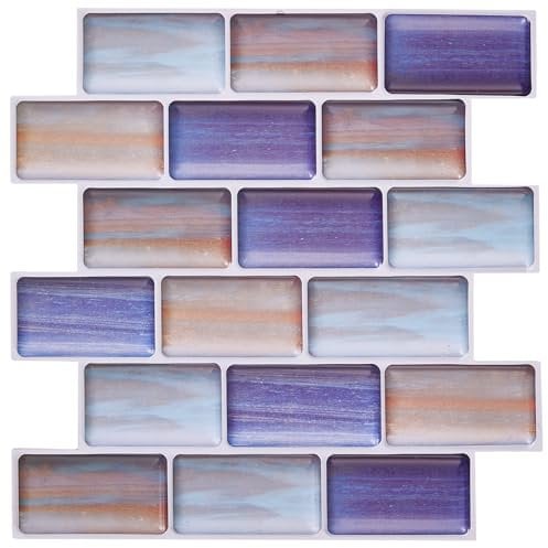 Warmiehomy 3D Self Adhesive Wall Tiles,30x30cm 12Pcs Peel and Stick Marble Tiles Waterproof Vinyl for Kitchen Backsplash Living Room Bedroom Bathroom(Purple-Orange-Grey)