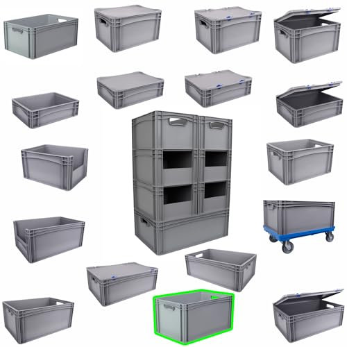 Hesselink Eurobox 60x40x32 cm, Handgriffe offen, stapelbar, 64,5 Liter, grau, lebensmittelecht, Eurobehälter kombinierbar mit Deckel