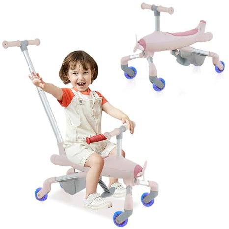 DREAMADE 2-in-1 Rutschauto, Flugzeug-Form Rutscherfahrzeug mit LED-Leuchten Rädern, Verstellbarer Schiebestange & Fußstütze, Kinderfahrzeug für Kinder ab 18 Monaten, belastbar bis 50kg (Pink)