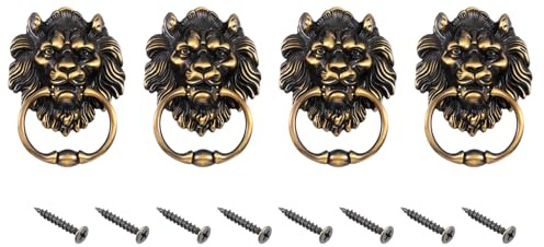 sourcing map 4 Pcs Lion Head Pulls Knob, 6 Inch Zinc Alloy Vintage Lion Door Handle Decorative Front Door Knob Ring Pull Handle for Gate Cabinets Drawers, Brass