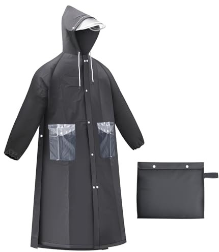 Desoto Regenponcho Extra Lang, Wasserdicht Regenmantel Radfahren Regen Poncho Portable Leichte Regenjacke Mit Kapuze, Wiederverwendbare, mit Tasche, für Backpacking Camping Outdoors (XXL, Schwarz)