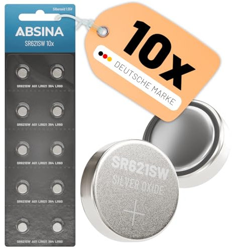 ABSINA 10x Batteria SR621SW orologio 1,55V ossido d'argento - SR621SW batteria orologio a tenuta stagna e lunga durata - batteria 364 orologio, SR621SW batterie orologi