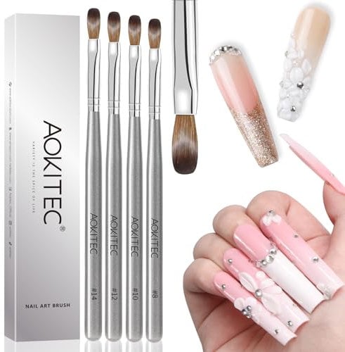 Aokitec Acrylic Nail Brush Set, 4pcs Nail Brushes for Acrylic Powder Application Size 8 for 3D Nail Carving 10/12/14 for Nail Extension Silver Handle Acrylic Brushes for Salon Home DIY Acrylic Nails