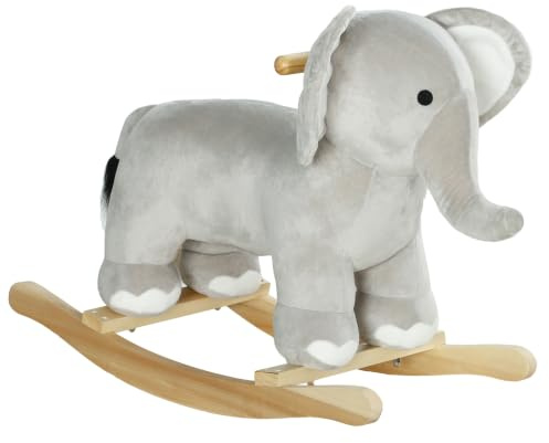AIYAPLAY Cavallo a Dondolo per Bambini a Forma di Elefante Base Grigio | Cavalluccio a Dondolo Cavalcabile in Legno e Peluche, Suoni Realistici, 2-4 Anni, 64.5x31x52 cm