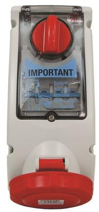 Commando Type Professional Quality Interlocked Switched Socket,32A, 5 Pin, 415V, 50-60Hz Three Phase, Red, IP67 IEC309, Empty Unit c/w Din-rail and hinged window for 4 modules