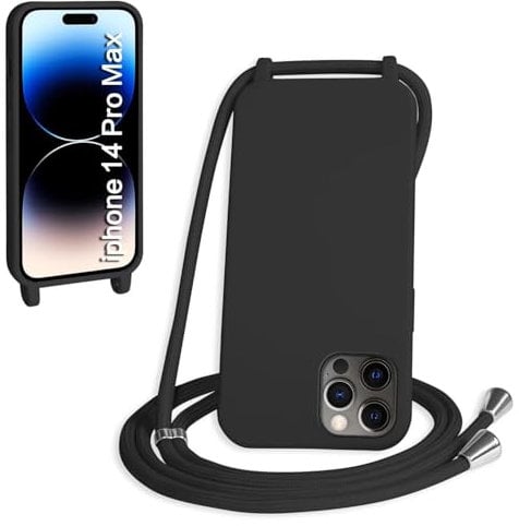 SLWYF Compatible with iPhone 14 Pro Max Crossbody Lanyard Case, Liquid Silicone Protective Phone Case with Strap Adjustable Neck Cord Necklace Soft Cover for iPhone 14 Pro Max, Black