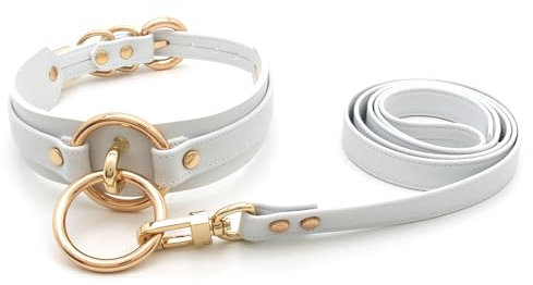 lalatia Damen Halsband O Ring Kunstleder Choker Halskette (Weiß Gold mit Leine)