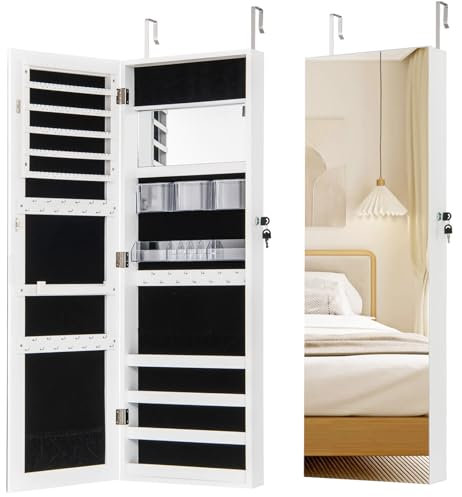 RELAX4LIFE Jewellery Cabinet, Wall/Door Mounted Cosmetics Makeup Jewelry Armoire with Full Length Mirror & Interior Makeup Mirror, Lockable Mirrored Jewellery Storage Organizer (White)