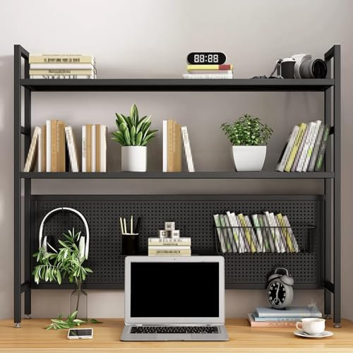 Schreibtisch-Bücherregal aus Metall, 3 Etagen, Organizer, Regal, Büro, Schreibtisch, Bücherregal mit perforierter Platte für platzsparende Aufbewahrung (Rosa, 115 cm)