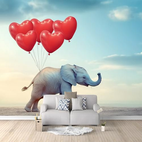 Fotomurales 3D Fotografía Bebé Elefante Globos 350 x 256 cm Papel Pintado Fotográfico, Decoración De la Pared Murales para Salón, Dormitorio, Habitación para Niños, Pared de TV
