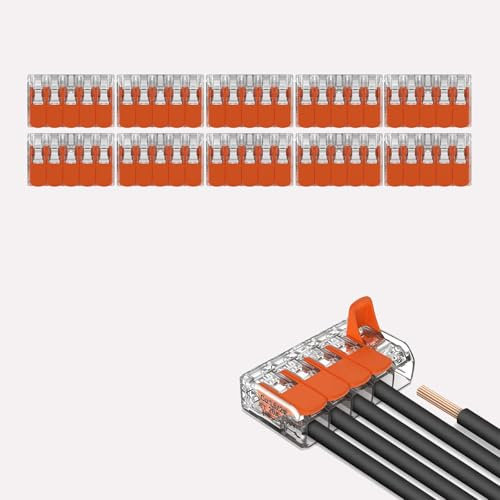 LEDSone 5 Way Wire Connector Reusable Spring Lever Terminal 10 Pieces for Solid/Stranded/Flexible Wires, Grey/Orange