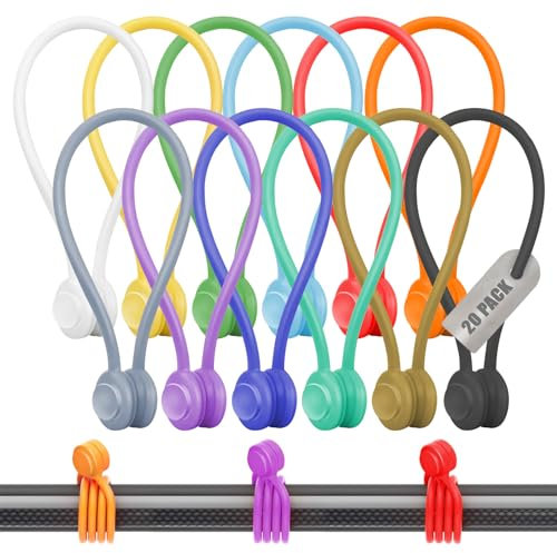 Lot de 20 attaches magnétiques réutilisables en silicone pour organiser les câbles, les chargeurs et les fils | Clips magnétiques N52 solides pour bureau, maison et voyage | Couleurs assorties