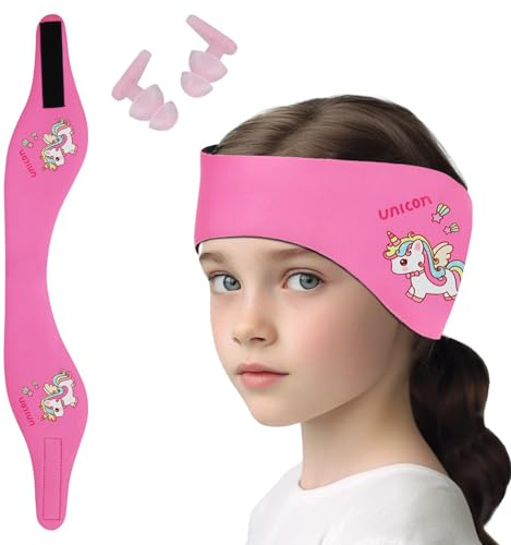 Bandeau de Natation Enfant, Bandeau Élastique avec Bouchons d'Oreille de Protection pour Piscine et Natation et Autres Sports Nautiques (Rose Bonbon-3, L)