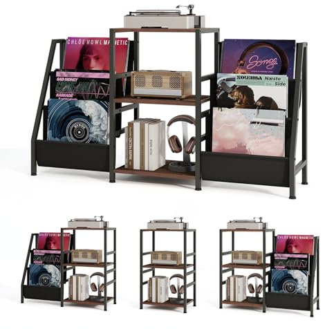 KOMFOTTEU Soporte para Tocadiscos con Almacenamiento, Mueble para Discos de Vinilo con 3 Estantes y 6 Bolsillos, Mesa Auxiliar para hasta 200 Álbumes, Estantería para Exhibición, Marrón