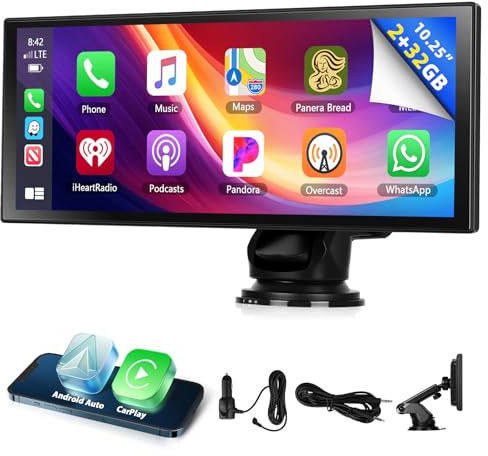 Motorsi 2GB+32GB Android Écran Carplay 10,25 Pouces, Voiture Portable avec Android Auto GPS Siri G00gle Assistant Vocal Bluetooth Transmetteur FM AUX, Assistance Y0uTube/Sp0tify Véhicules 7-32V