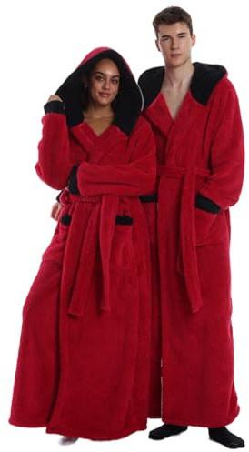 Gegeryozis Peignoir de Bain Homme Femme en Flanelle Polaire - Long et Chaud avec Capuche, Taille Unique pour Sortie de Bain, Spa, Maison - 2 Poches, Ceinture Ajustable