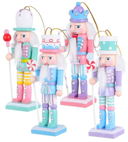 TOYANDONA 4 Pcs Christmas Nutcracker Ornaments: Wooden Pastel Nutcracker Hanging Figures, Christmas Soldier Figure for Xmas Tree, Desktop,table Collectible Decoration