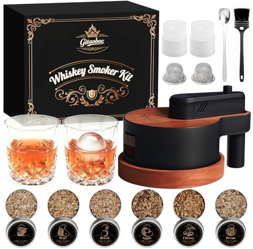 Whiskey Smoker Kit with Built-in Lighter, 6 Flavors Wood Chips, 2 Glasses, 2 Ice Ball Molds, Old Fashioned Drink Smoker Kit, Christmas Birthday Bourbon Gifts for Men, Dad, Husband (NO Butane) (Brown)