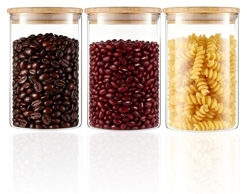 3 Pack Glass Containers with Bamboo Lids, 780ml Glass Jars with Lids Food Pasta Storage Containers, Clear Glasses Jar Set for Cereal Storing, Pasta, Sugar Tea Coffee Beans, Flour, Dishwasher Safe
