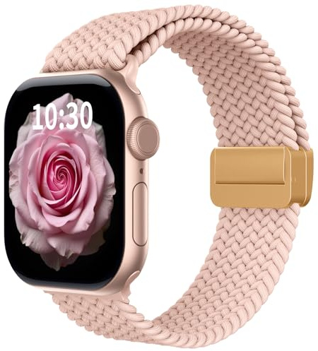 Jrkvniv Tressé Bracelets Compatible avec Apple Watch Bracelet 42mm 41mm 40mm 38mm Femmes Homme, Fermoir magnétique Elastique Nylon Sport Strap pour iWatch Series 11 10 9 8 7 6 5 4 SE Ultra 3 2 1, Rose