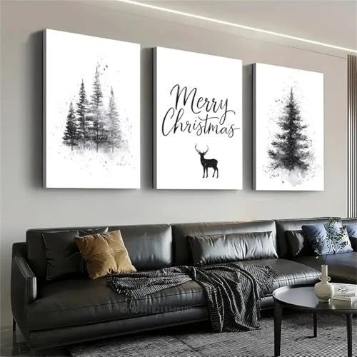 TROYSINC 3er Weihnachts Poster Set, Minimalistische Schwarz Weiß Tintenmalerei mit Tannenbaum, Rentier & „Merry Christmas“ – Modernes Wandbild für Wohnzimmer (30x40cm)