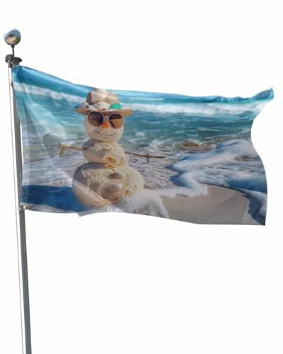 Bannerfahnen Schneemann An Der Küste, Weihnachten, Strand, Meer, Maritim Garten Fahnen Verblassen Beständig Langlebig Dekoratives Banner, Für Feiertage, Veranda, Partys, 90x150cm