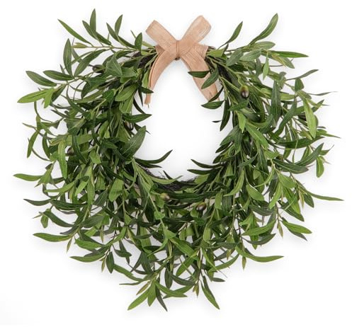 Artificial Olive Wreath for Front Door - 22 Inch Faux Greenery Wreath with Burlap Bow & Olives - Modern Farmhouse Wall Decor, Year Round Spring Summer Wreath for Indoor Outdoor Wedding Entryway