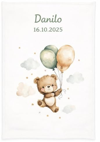 Wolimbo Babydecke - 75x100cm - Motiv Ballon Teddy - personalisierbar - Krabbeldecke mit Wunsch Name/Motiv - Kinderdecke - Geschenk zur Taufe, Geburt, Geburtstag