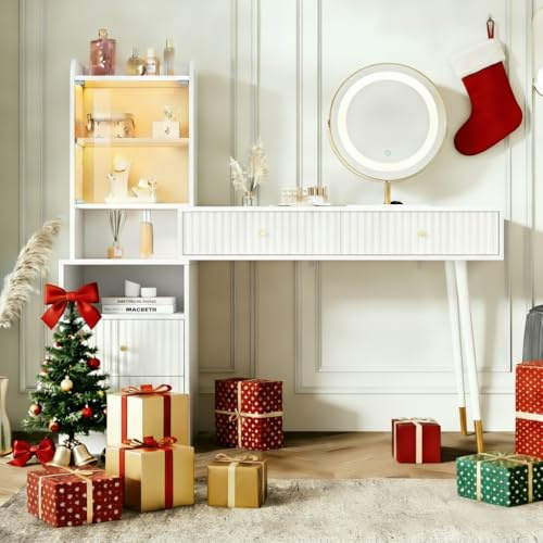 BTM Schminktisch-Set mit dreifarbigem LED-Spiegel, 4 Schubladen, 1 beleuchtetem Schrank mit Glastür, 1 offenen Staufach, weiß, Maße: 100 x 40 x 125 cm (ohne Hocker)