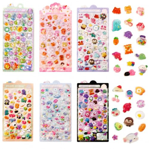 LeeDert 280+ Stück 3D Aufkleber Set, Kawaii Puffy Sticker 6 Blatt | niedliche Gelee Sticker,süße Cartoon Aufkleber,Kinder Mädchen,Notizbuch,Tagebuch,Scrapbooking,DIY Basteln,Laptop Deko
