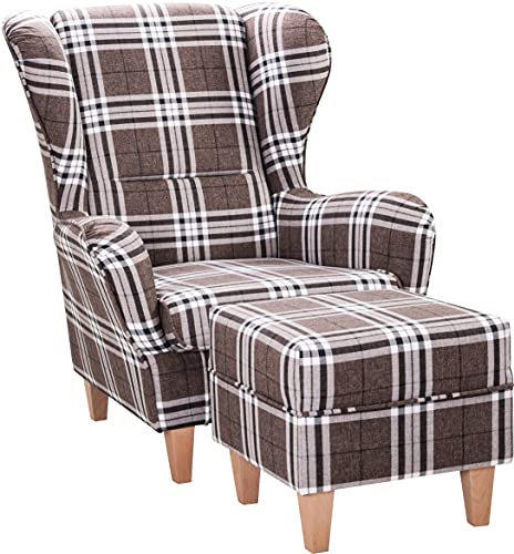 Supellex Ohrensessel »Sofia«, Design Oxford, kariert, braun (Design-Nr.: 5040), wahlweise mit Hocker