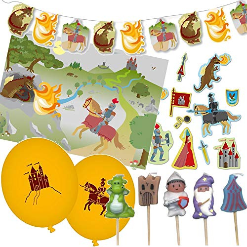 DHK/Carpeta 93-TLG. Deko-Set * Ritter UND Drache * für Kindergeburtstag und Motto-Party mit Platzsets + Wimpelkette + Kerzen + Konfetti + Luftballons + Luftschlangen | Kinder Geburtstag Mittelalter
