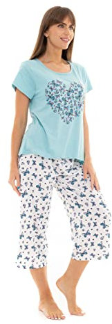 Womens 100% Cotton Jersey Short Sleeved Cropped Leg Animal, Butterfly, Bear & Heart Design Pyjamas (as8, numeric, numeric_20, numeric_22, regular, regular, DUCK EGG)