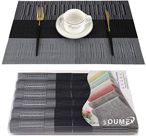 OUME Lot de 6 Sets de Tables PVC Lavables Antidérapant Résistant à l'usure à la Chaleur, Facile à Nettoyer et Stocker, 45cmx30cm (Noir Brun)