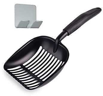 Pets First Katzenstreuschaufel - ergonomisches & griffiges Design - Tiefenreinigung mit Antihaft-& Rückstandsbildung, massives Aluminium, wasserdicht - Bonus Haken - 1,75 x 13,25 x 5
