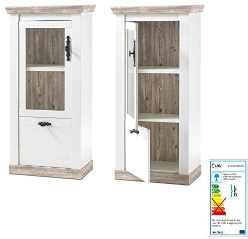 Lomadox Vitrine im Landhaus Stil in Pinie Weiss inkl. LED-Rückwandbeleuchtung
