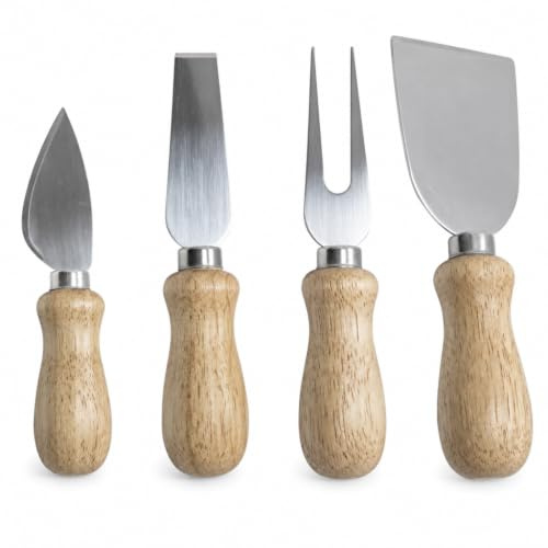 MIJOMA Juego de 4 cubiertos para queso con mango de madera, cuchillo de queso blando, cuchillo de queso duro, espátula para queso y tenedor de queso.