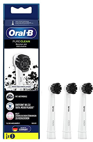 Oral-B Pure Clean Aufsteckbürsten für elektrische Zahnbürste, 3 Stück, mit Aktivkohle-Borsten, Zahnbürstenaufsatz für Oral-B Zahnbürsten