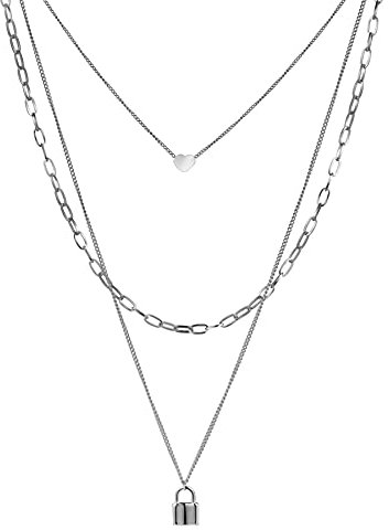 Flongo Männer Kette Frauen Pullover Halskette Mehrschicht Kette Klobige Choker E-Girl E-Boy Schmuck Emo Gotik mit Herz Schloss Lock Anhänger